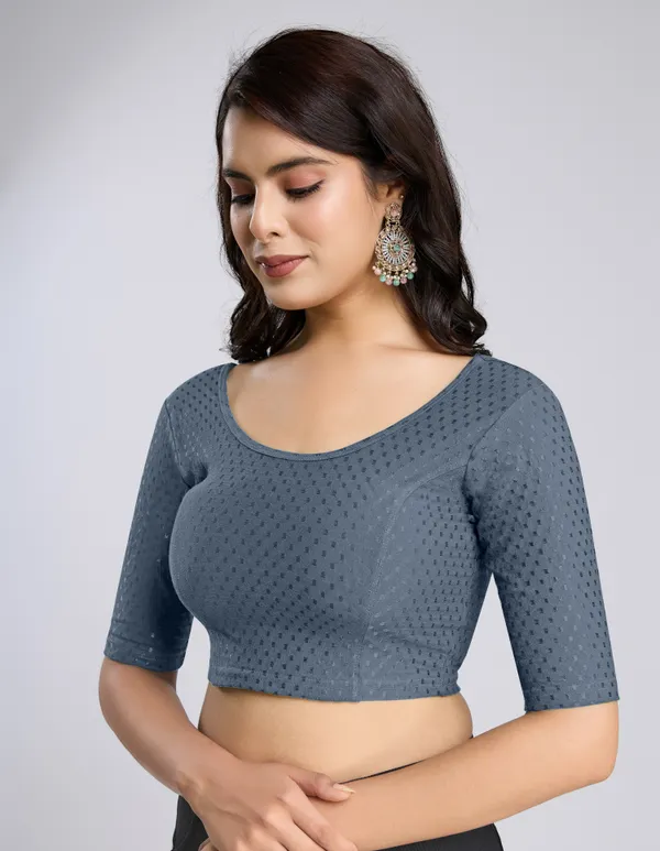 Grey_Cotton_Lycra_Stretchable_Comfy_Round_Neck_Elbow_Sleeves_Saree_Blouse_Readymade
