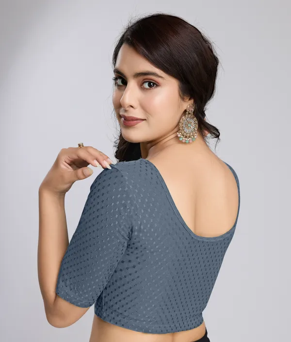 Grey_Cotton_Lycra_Stretchable_Comfy_Round_Neck_Elbow_Sleeves_Saree_Blouse_Readymade