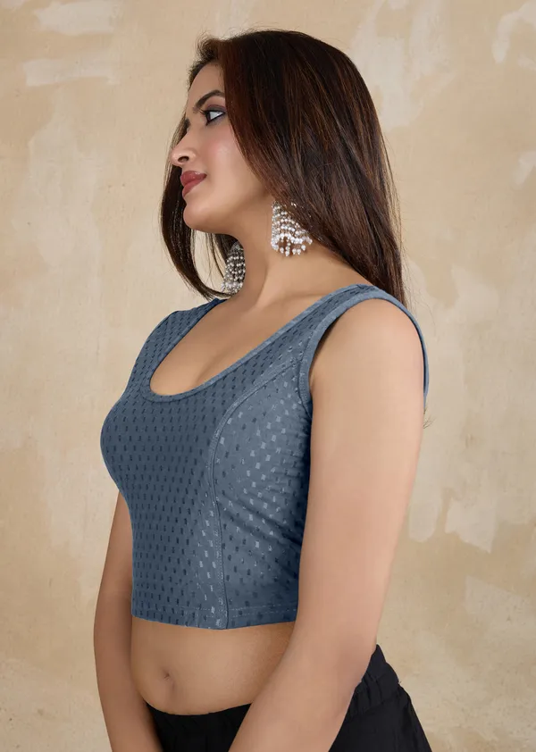 Grey_Dobby_Pure_Cotton_Elastin_Stretchable_Readymade_Blouse
