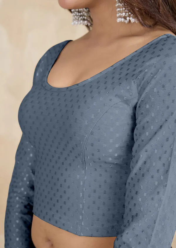 Grey_Dobby_Pure_Cotton_Elastin_Stretchable_Readymade_Blouse