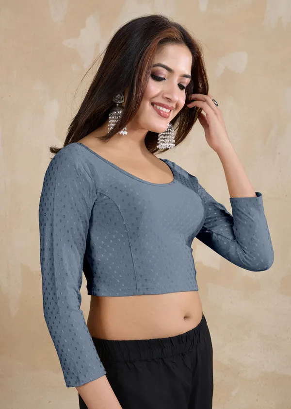 Grey_Dobby_Pure_Cotton_Elastin_Stretchable_Readymade_Blouse