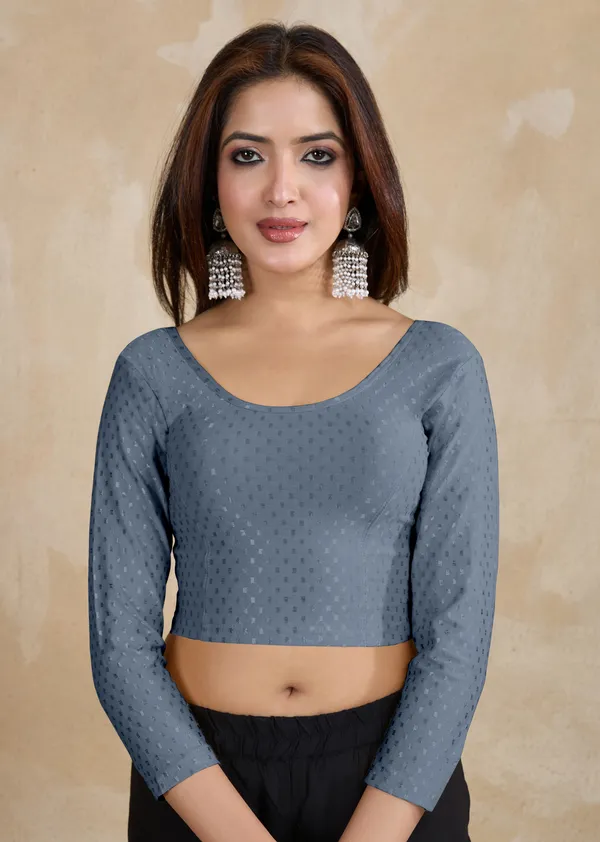 Grey_Dobby_Pure_Cotton_Elastin_Stretchable_Readymade_Blouse