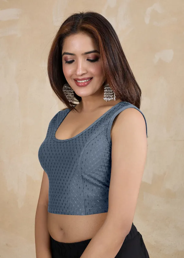 Grey_Dobby_Pure_Cotton_Elastin_Stretchable_Readymade_Blouse
