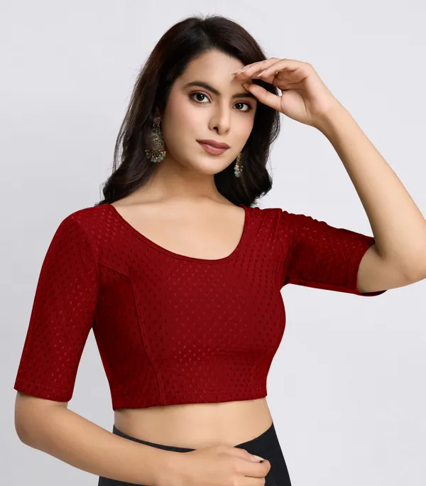Maroon_Cotton_Lycra_Stretchable_Comfy_Round_Neck_Elbow_Sleeves_Saree_Blouse_Readymade