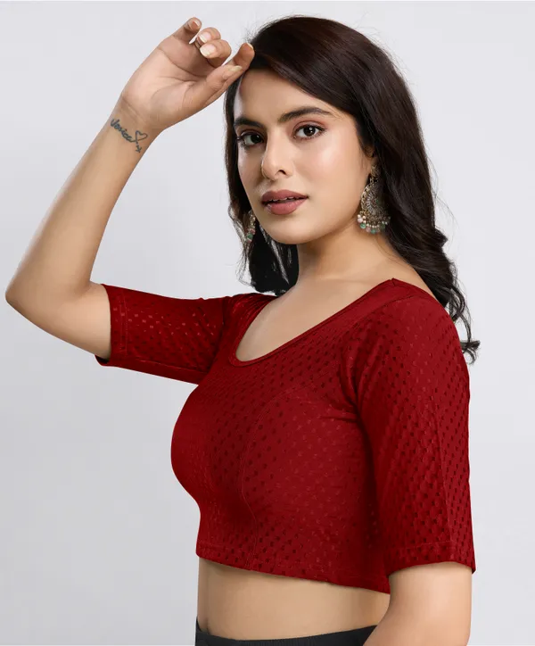Maroon_Cotton_Lycra_Stretchable_Comfy_Round_Neck_Elbow_Sleeves_Saree_Blouse_Readymade