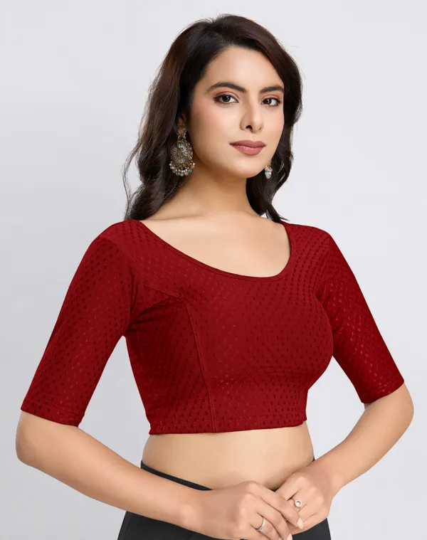 Maroon_Cotton_Lycra_Stretchable_Comfy_Round_Neck_Elbow_Sleeves_Saree_Blouse_Readymade