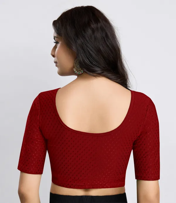 Maroon_Cotton_Lycra_Stretchable_Comfy_Round_Neck_Elbow_Sleeves_Saree_Blouse_Readymade