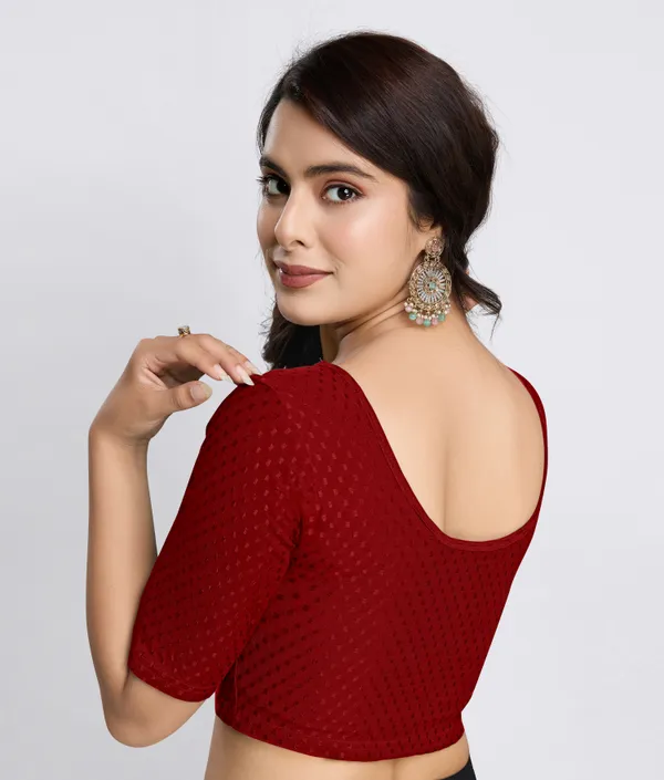 Maroon_Cotton_Lycra_Stretchable_Comfy_Round_Neck_Elbow_Sleeves_Saree_Blouse_Readymade