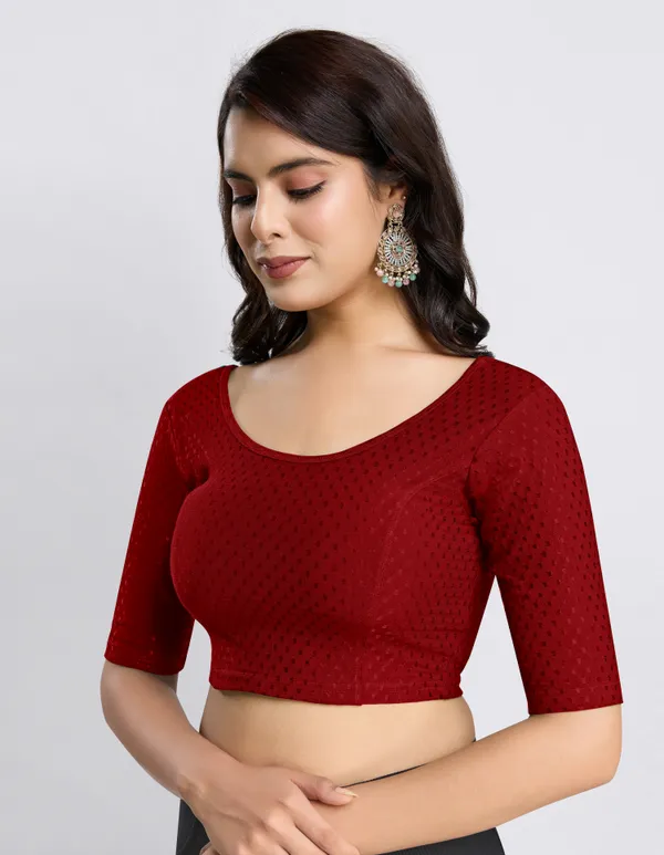 Maroon_Cotton_Lycra_Stretchable_Comfy_Round_Neck_Elbow_Sleeves_Saree_Blouse_Readymade