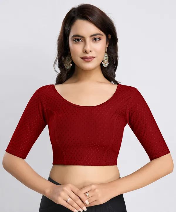 Maroon_Cotton_Lycra_Stretchable_Comfy_Round_Neck_Elbow_Sleeves_Saree_Blouse_Readymade