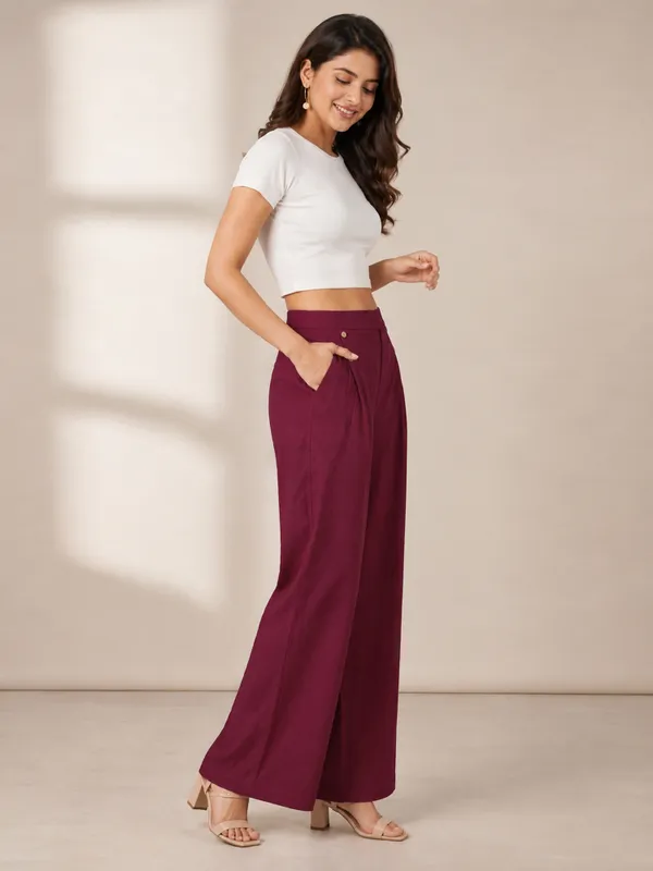 Maroon_Cotton_Wide_Leg_Palazzo_Pants_|_High_Waist_Casual_Trouser_with_Side_Pockets_&_Button