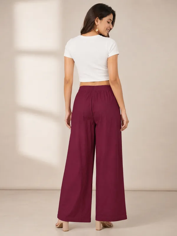 Maroon_Cotton_Wide_Leg_Palazzo_Pants_|_High_Waist_Casual_Trouser_with_Side_Pockets_&_Button