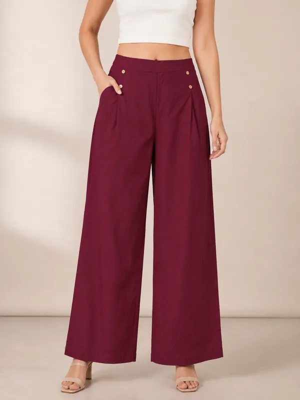 Maroon_Cotton_Wide_Leg_Palazzo_Pants_|_High_Waist_Casual_Trouser_with_Side_Pockets_&_Button