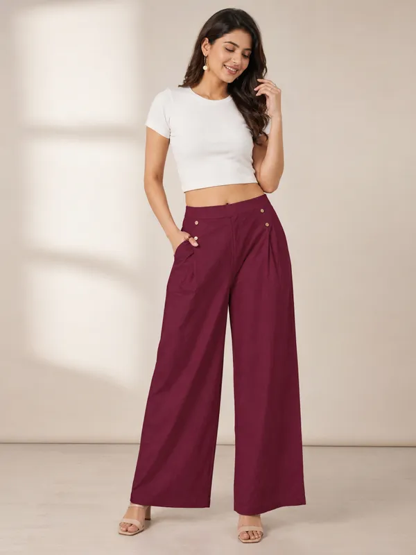 Maroon_Cotton_Wide_Leg_Palazzo_Pants_|_High_Waist_Casual_Trouser_with_Side_Pockets_&_Button
