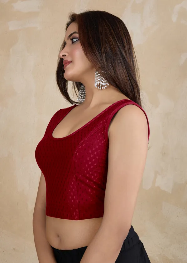 Maroon_Dobby_Pure_Cotton_Elastin_Stretchable_Readymade_Blouse