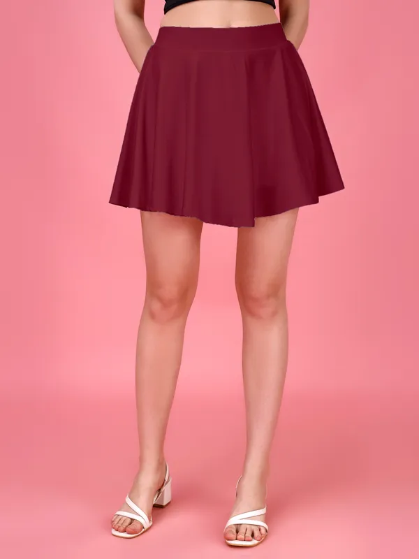 Maroon_Flared_Skater_Mini_Skirt_with_Inner_Shorts_�_High_Waist,_Stretchable_&_Comfortable_Fit