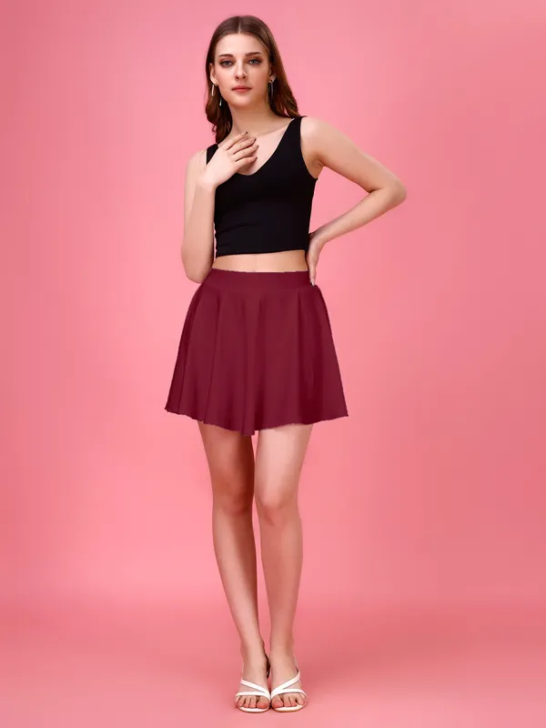 Maroon_Flared_Skater_Mini_Skirt_with_Inner_Shorts_�_High_Waist,_Stretchable_&_Comfortable_Fit