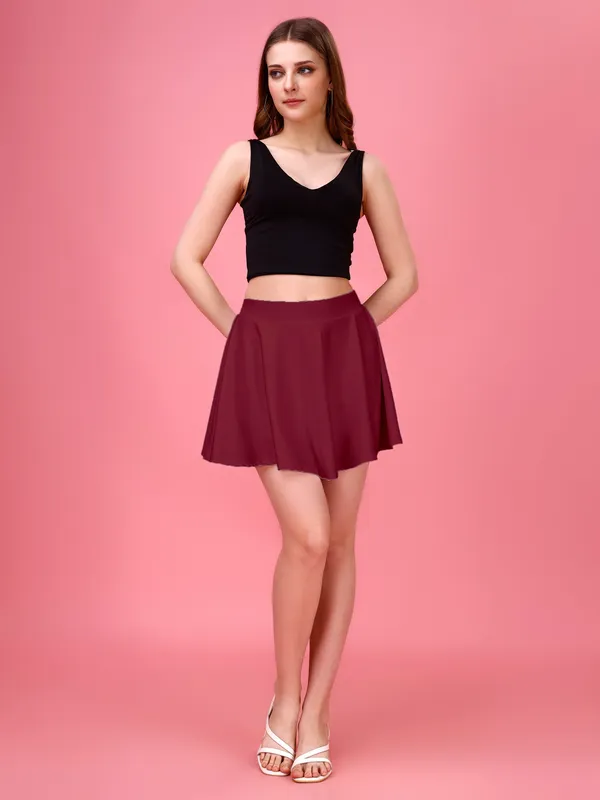 Maroon_Flared_Skater_Mini_Skirt_with_Inner_Shorts_�_High_Waist,_Stretchable_&_Comfortable_Fit