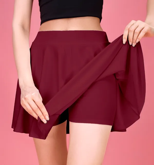 Maroon_Flared_Skater_Mini_Skirt_with_Inner_Shorts_�_High_Waist,_Stretchable_&_Comfortable_Fit