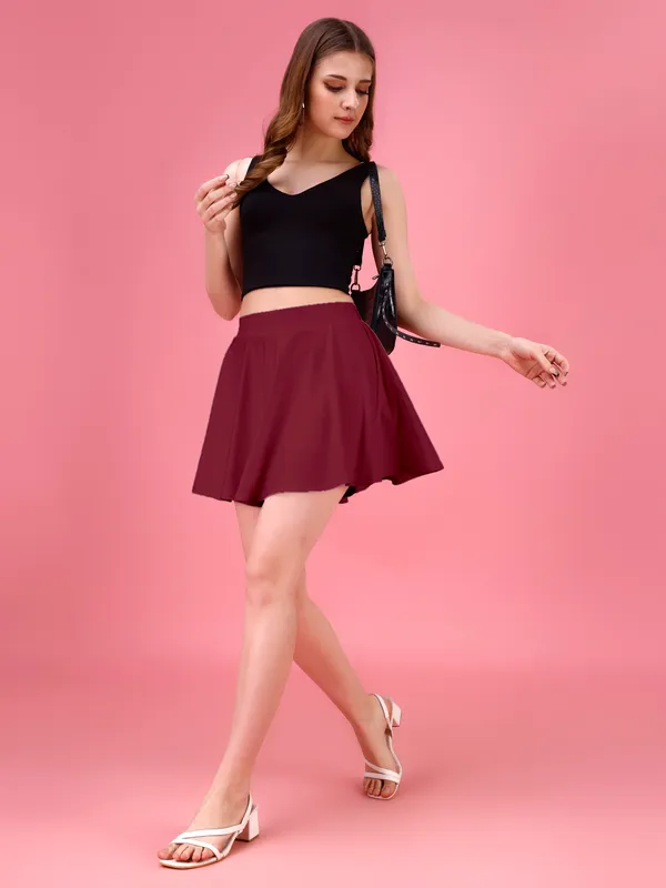 Maroon_Flared_Skater_Mini_Skirt_with_Inner_Shorts_�_High_Waist,_Stretchable_&_Comfortable_Fit