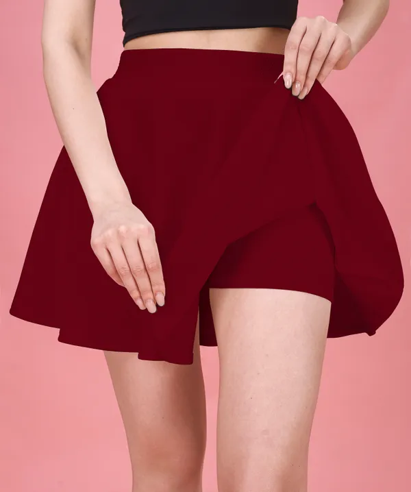 Maroon_Flared_Skater_Mini_Skirt_with_Inner_Shorts_�_Stretchable,_High_Waist_&_Comfortable_Fit