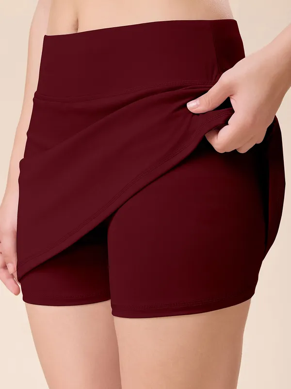 Maroon_High_Waist_Stretch_Mini_Skirt_for_Women_|_Soft_&_Body_Fit