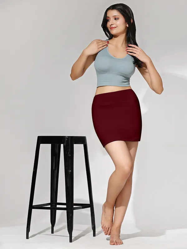 Maroon_High_Waist_Stretch_Mini_Skirt_for_Women_|_Soft_&_Body_Fit