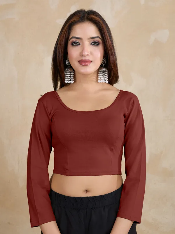 Maroon_Pure_Cotton_Elastane_Stretchable_Readymade_Blouse