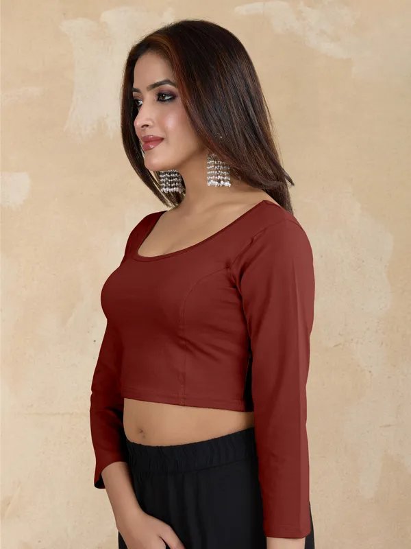 Maroon_Pure_Cotton_Elastane_Stretchable_Readymade_Blouse