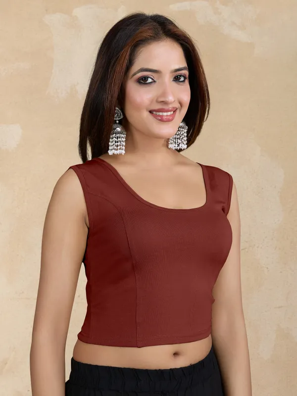 Maroon_Pure_Cotton_Elastane_Stretchable_Readymade_Sleeveless_Blouse