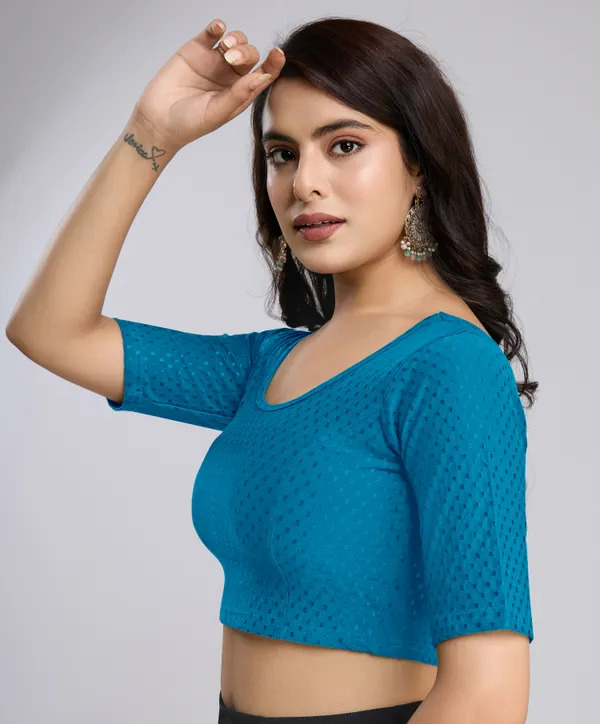 Morpeach_Cotton_Lycra_Stretchable_Comfy_Round_Neck_Elbow_Sleeves_Saree_Blouse_Readymade