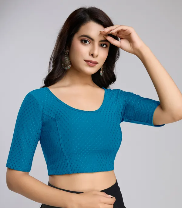 Morpeach_Cotton_Lycra_Stretchable_Comfy_Round_Neck_Elbow_Sleeves_Saree_Blouse_Readymade