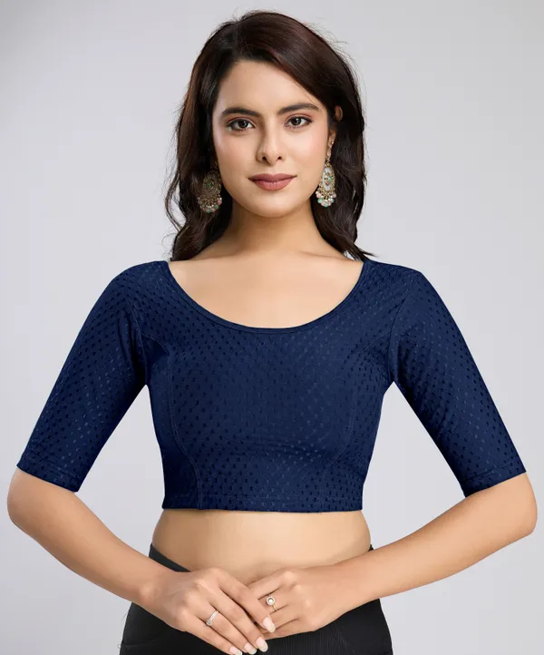 NavyBlue_Cotton_Lycra_Stretchable_Comfy_Round_Neck_Elbow_Sleeves_Saree_Blouse_Readymade
