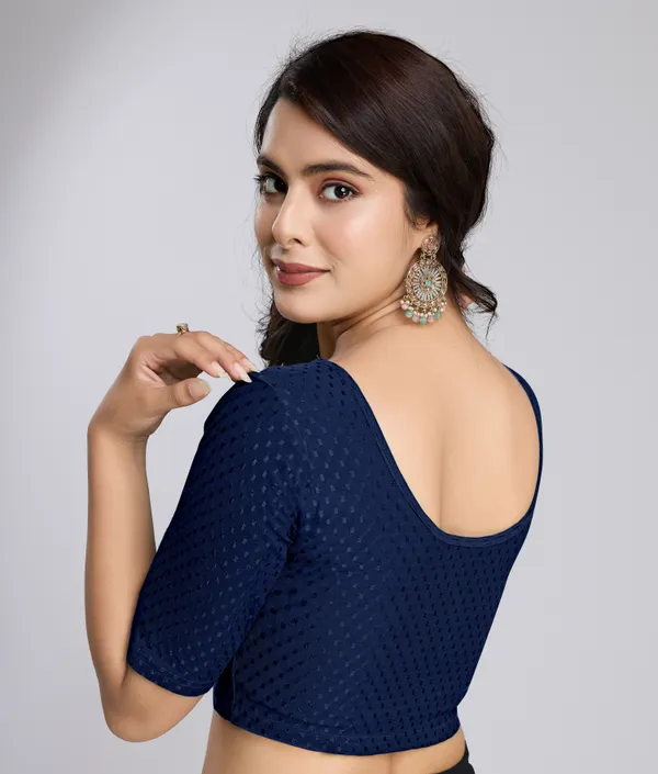 NavyBlue_Cotton_Lycra_Stretchable_Comfy_Round_Neck_Elbow_Sleeves_Saree_Blouse_Readymade