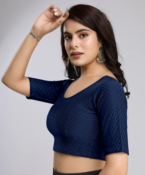 NavyBlue_Cotton_Lycra_Stretchable_Comfy_Round_Neck_Elbow_Sleeves_Saree_Blouse_Readymade