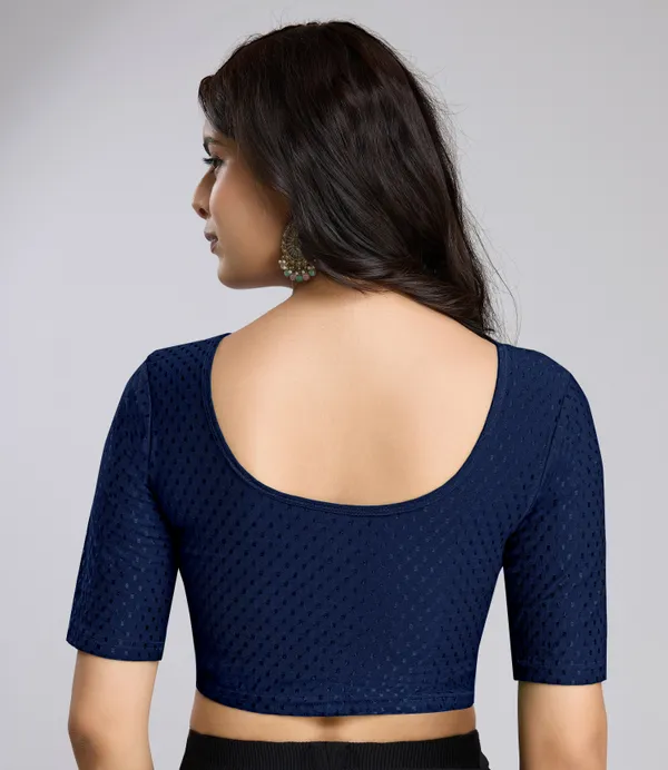 NavyBlue_Cotton_Lycra_Stretchable_Comfy_Round_Neck_Elbow_Sleeves_Saree_Blouse_Readymade