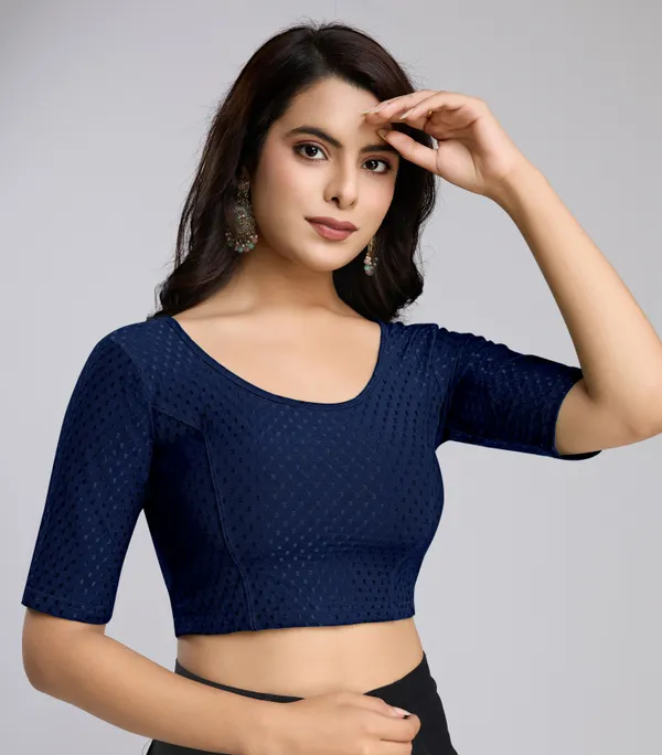 NavyBlue_Cotton_Lycra_Stretchable_Comfy_Round_Neck_Elbow_Sleeves_Saree_Blouse_Readymade
