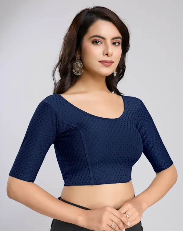 NavyBlue_Cotton_Lycra_Stretchable_Comfy_Round_Neck_Elbow_Sleeves_Saree_Blouse_Readymade