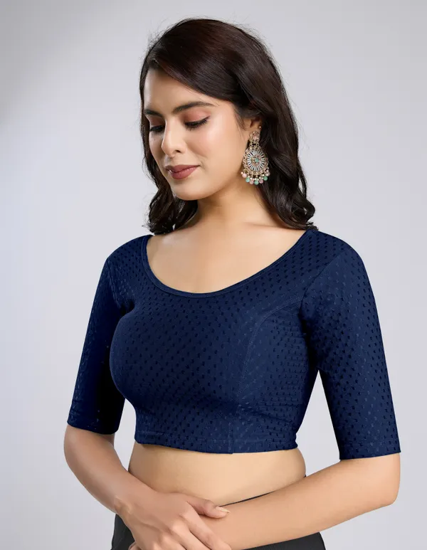 NavyBlue_Cotton_Lycra_Stretchable_Comfy_Round_Neck_Elbow_Sleeves_Saree_Blouse_Readymade