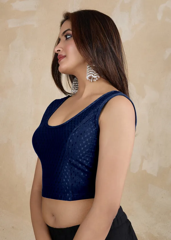 NavyBlue_Dobby_Pure_Cotton_Elastin_Stretchable_Readymade_Blouse