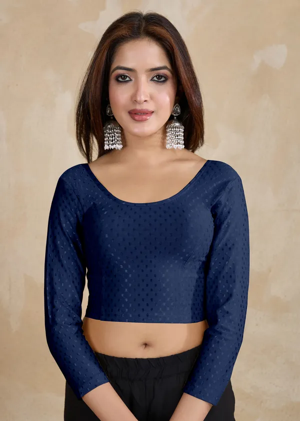 NavyBlue_Dobby_Pure_Cotton_Elastin_Stretchable_Readymade_Blouse