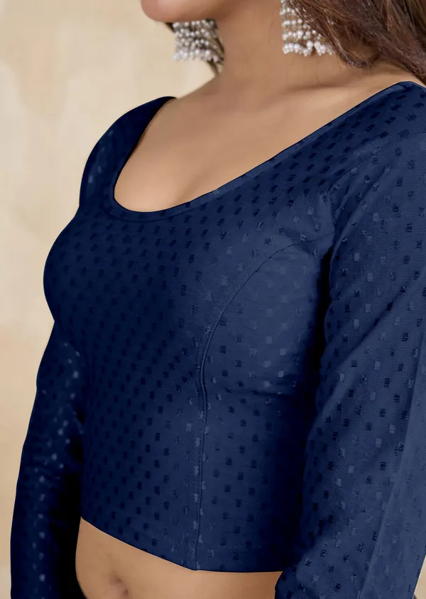 NavyBlue_Dobby_Pure_Cotton_Elastin_Stretchable_Readymade_Blouse