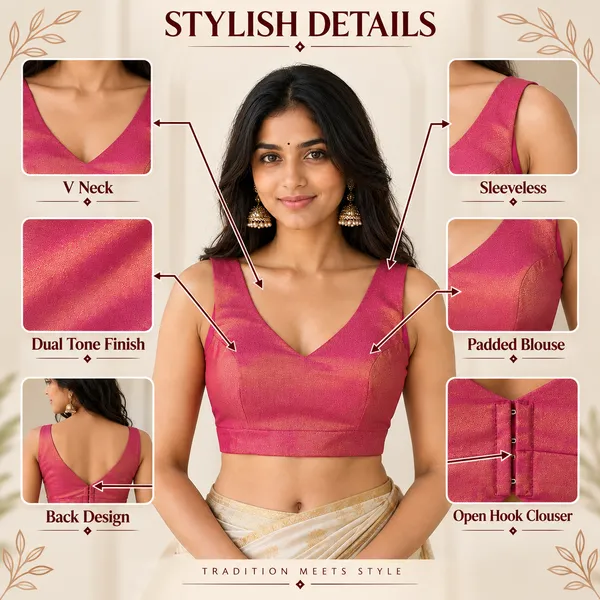 Pink_Art_Silk_Stylish_V-Neck_Sleeveless_Plain_Saree_Blouse_For_Women