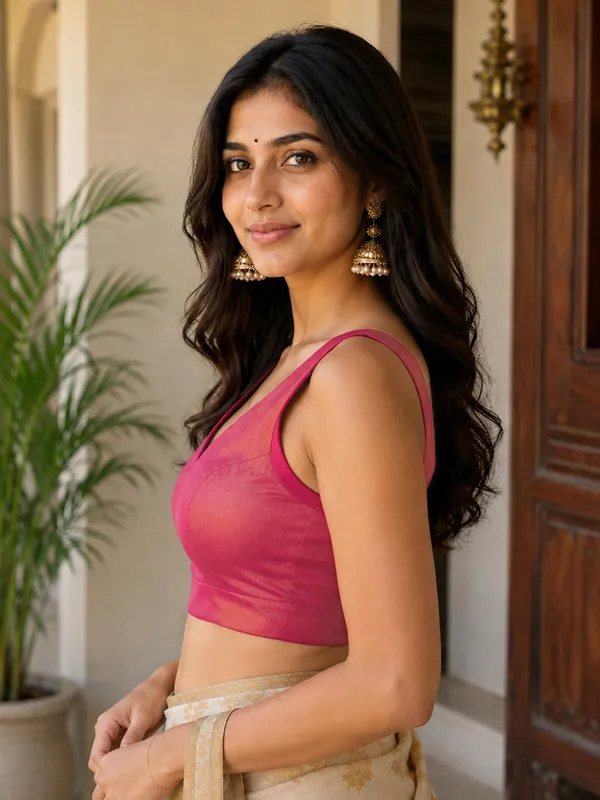 Pink_Art_Silk_Stylish_V-Neck_Sleeveless_Plain_Saree_Blouse_For_Women