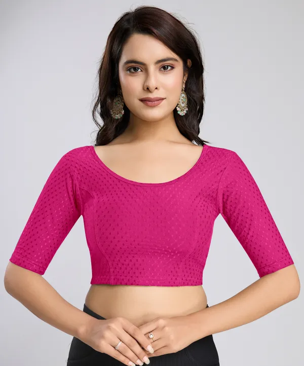 Pink_Cotton_Lycra_Stretchable_Comfy_Round_Neck_Elbow_Sleeves_Saree_Blouse_Readymade