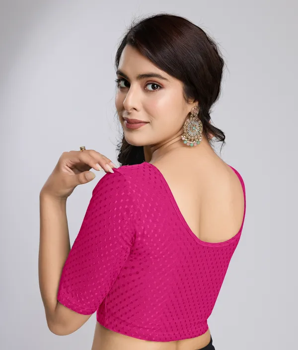 Pink_Cotton_Lycra_Stretchable_Comfy_Round_Neck_Elbow_Sleeves_Saree_Blouse_Readymade