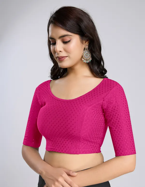Pink_Cotton_Lycra_Stretchable_Comfy_Round_Neck_Elbow_Sleeves_Saree_Blouse_Readymade