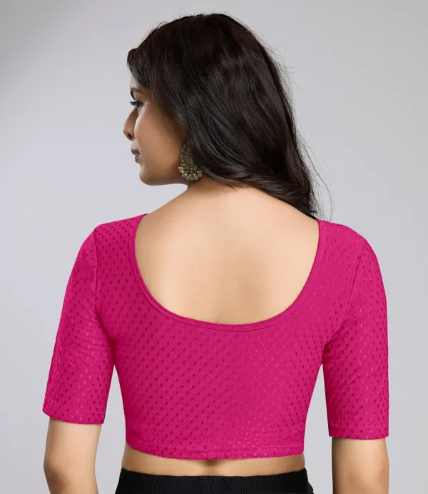 Pink_Cotton_Lycra_Stretchable_Comfy_Round_Neck_Elbow_Sleeves_Saree_Blouse_Readymade