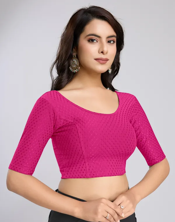 Pink_Cotton_Lycra_Stretchable_Comfy_Round_Neck_Elbow_Sleeves_Saree_Blouse_Readymade