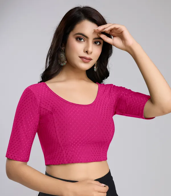 Pink_Cotton_Lycra_Stretchable_Comfy_Round_Neck_Elbow_Sleeves_Saree_Blouse_Readymade